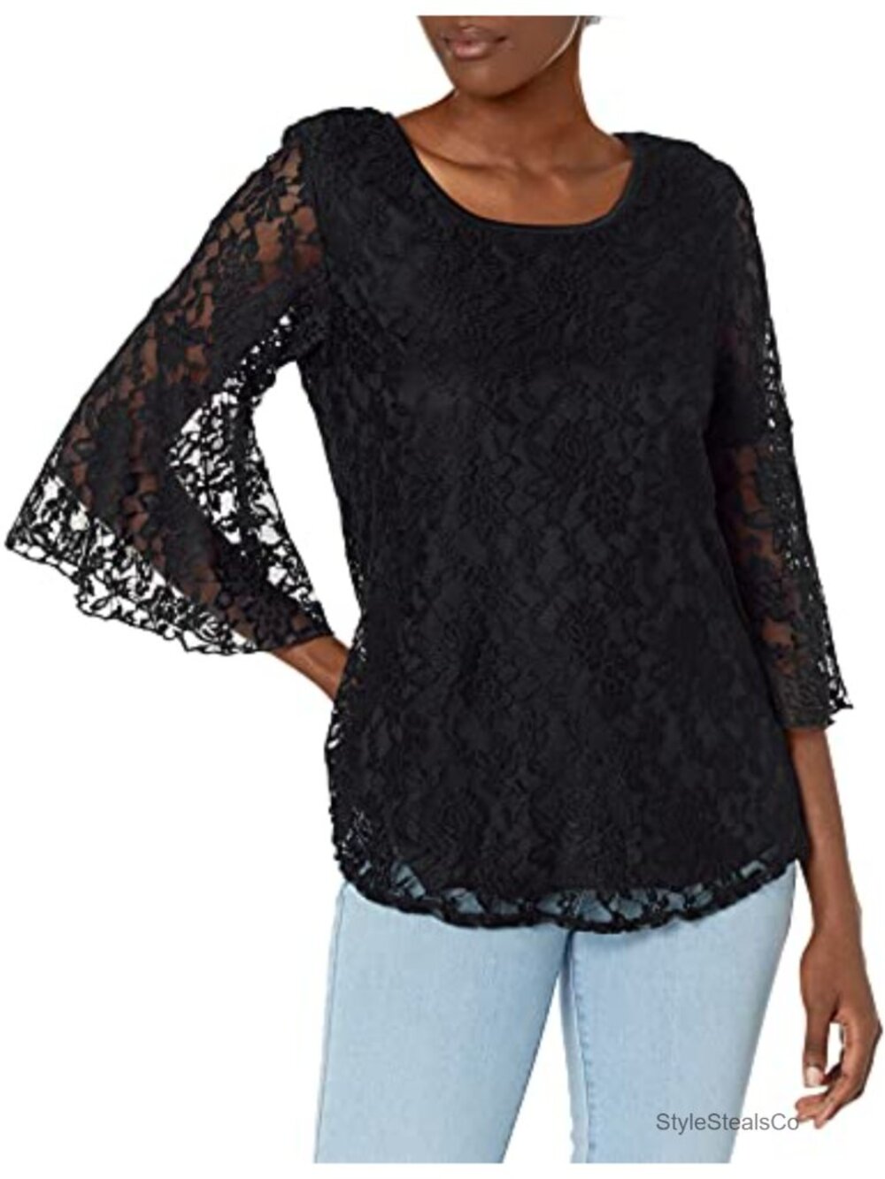 Stretch Lace Bell-Sleeve Keyhole Back Cutout Top Lined Blouse
